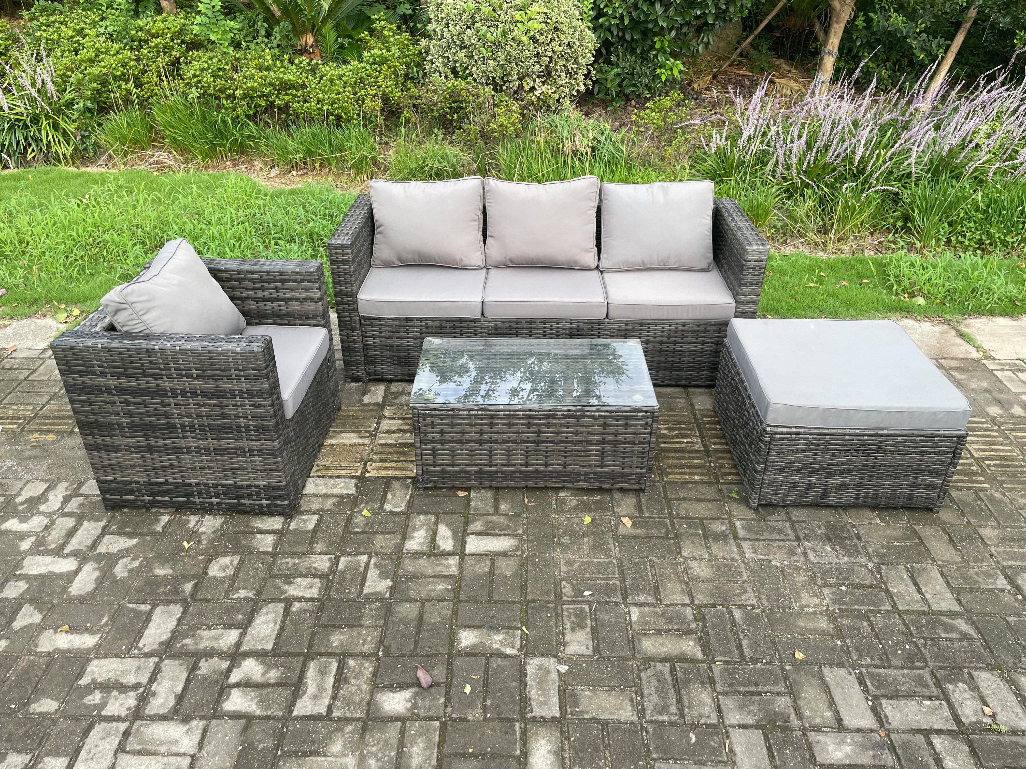 4 PCS Outdoor Lounge Sofa Set Wicker PE Rattan Garden Furniture Set with Armchair Oblong Coffee Tabl